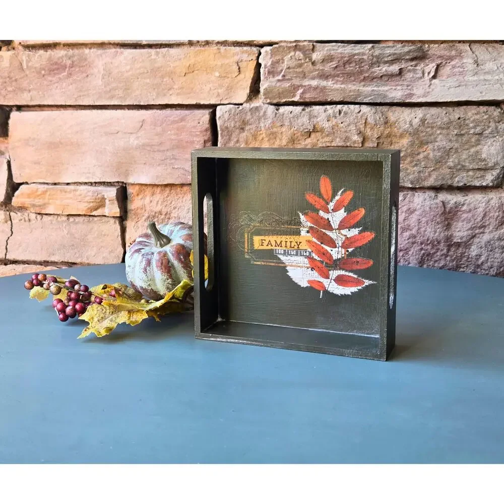 Rustic Fall Tray: Hand-Painted Leaf Accent, 'Family' Decor (6x6